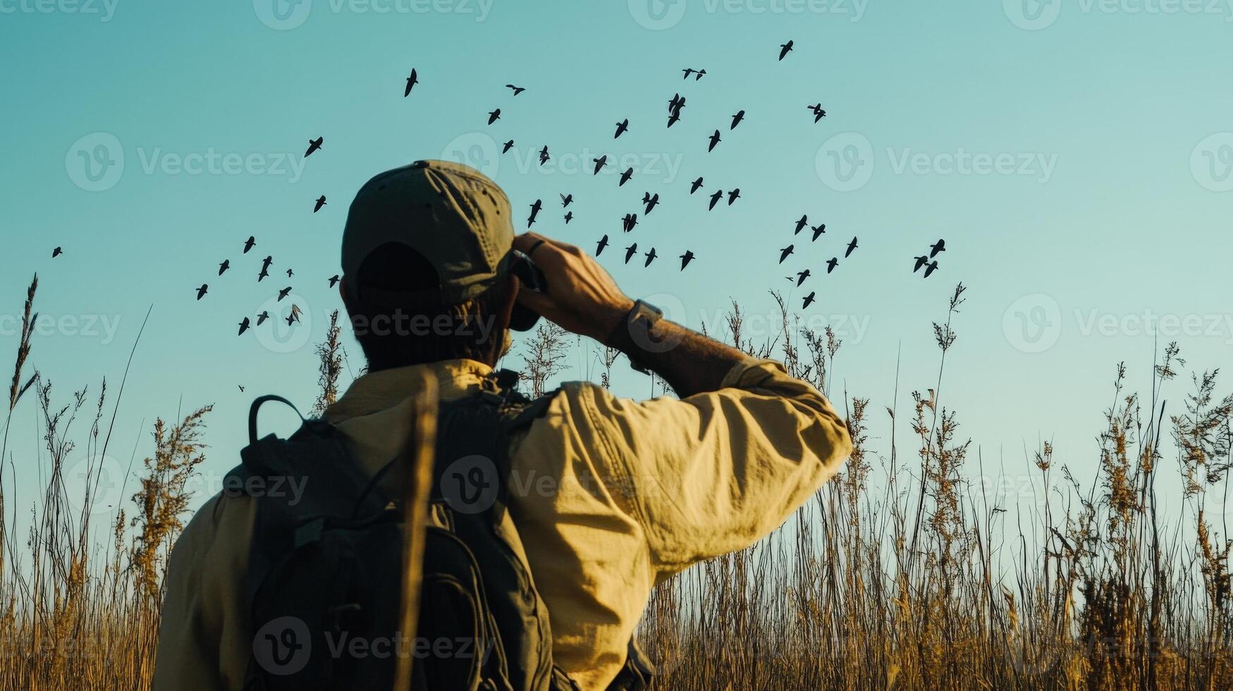 Person observing birds in a field at sunset. photo