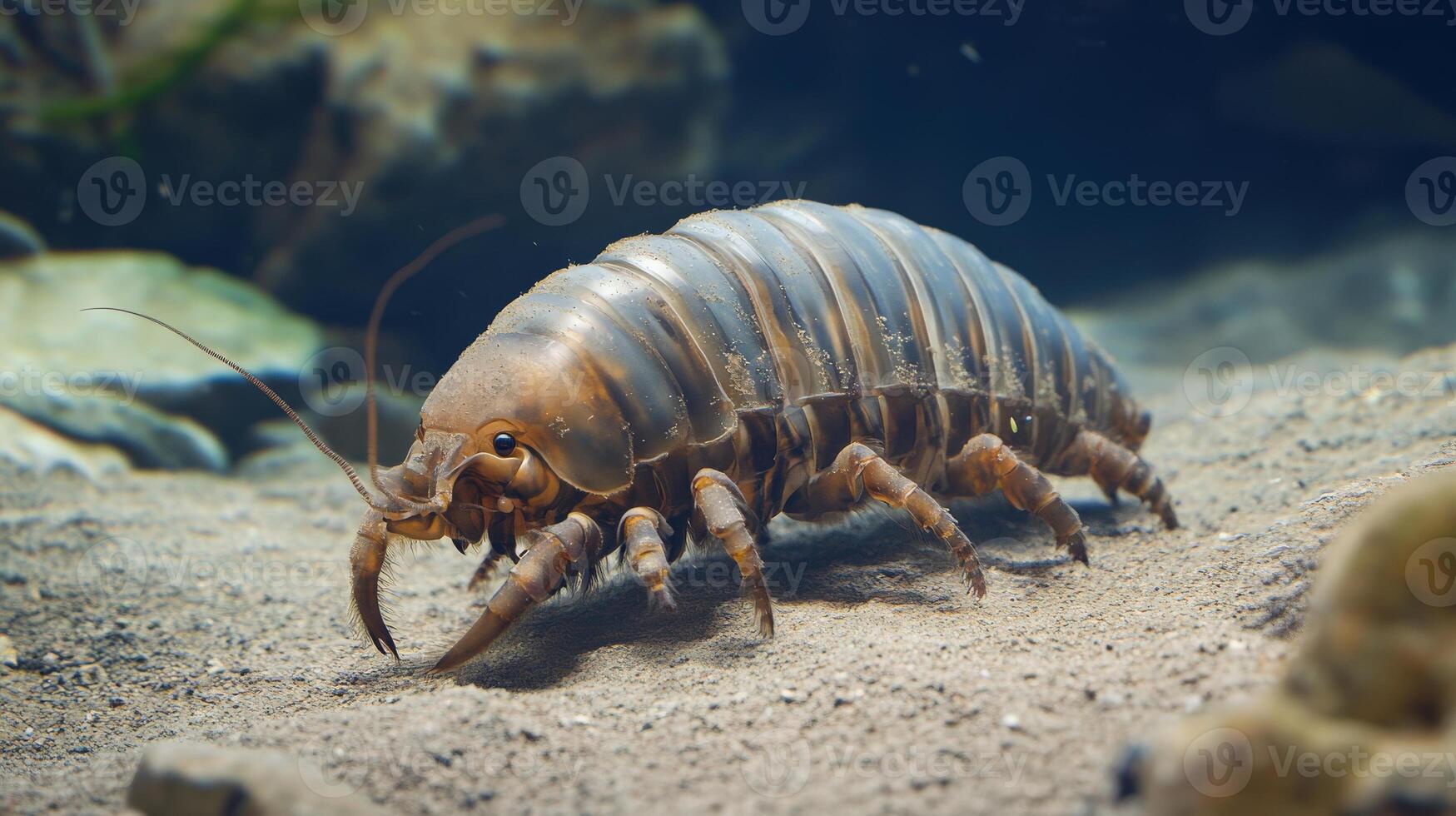 Subaquatic isopod creature moving on sandy bottom. photo