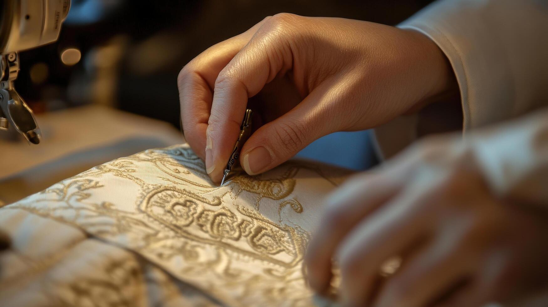 Detailed view of person using a tool for decorative stitching photo