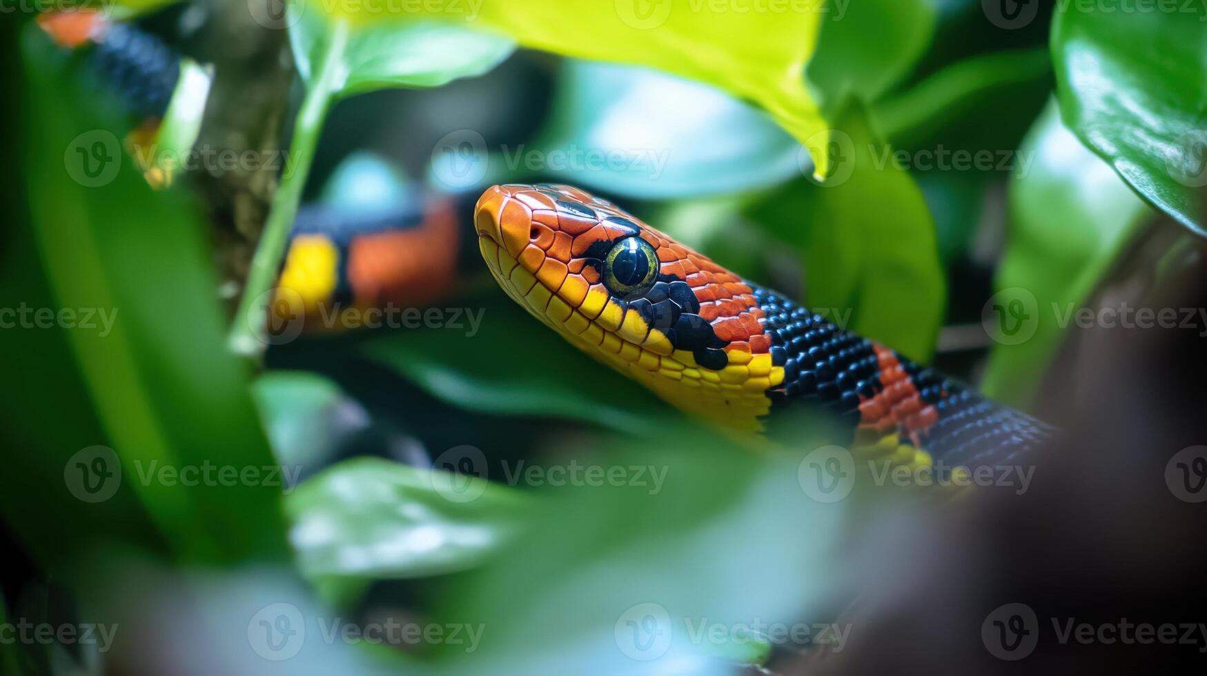 A colorful coral snake peers from lush green foliage quietly photo