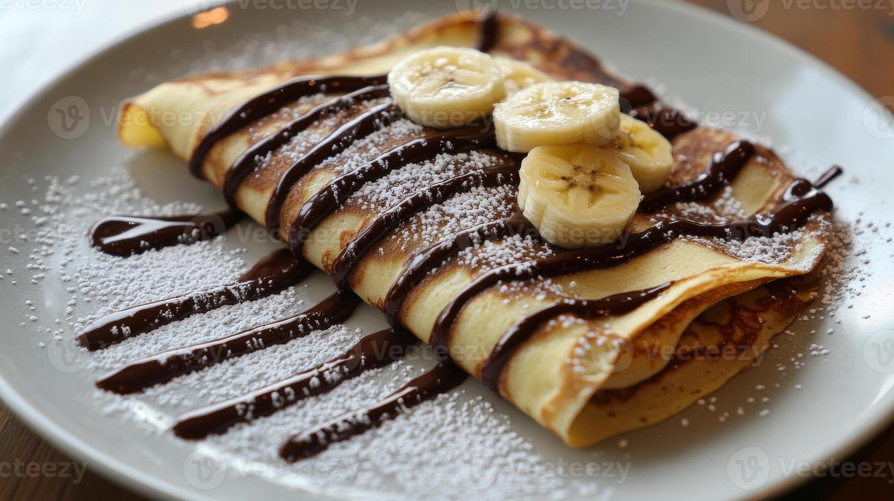 A delicious crepe topped with bananas and chocolate syrup is shown photo