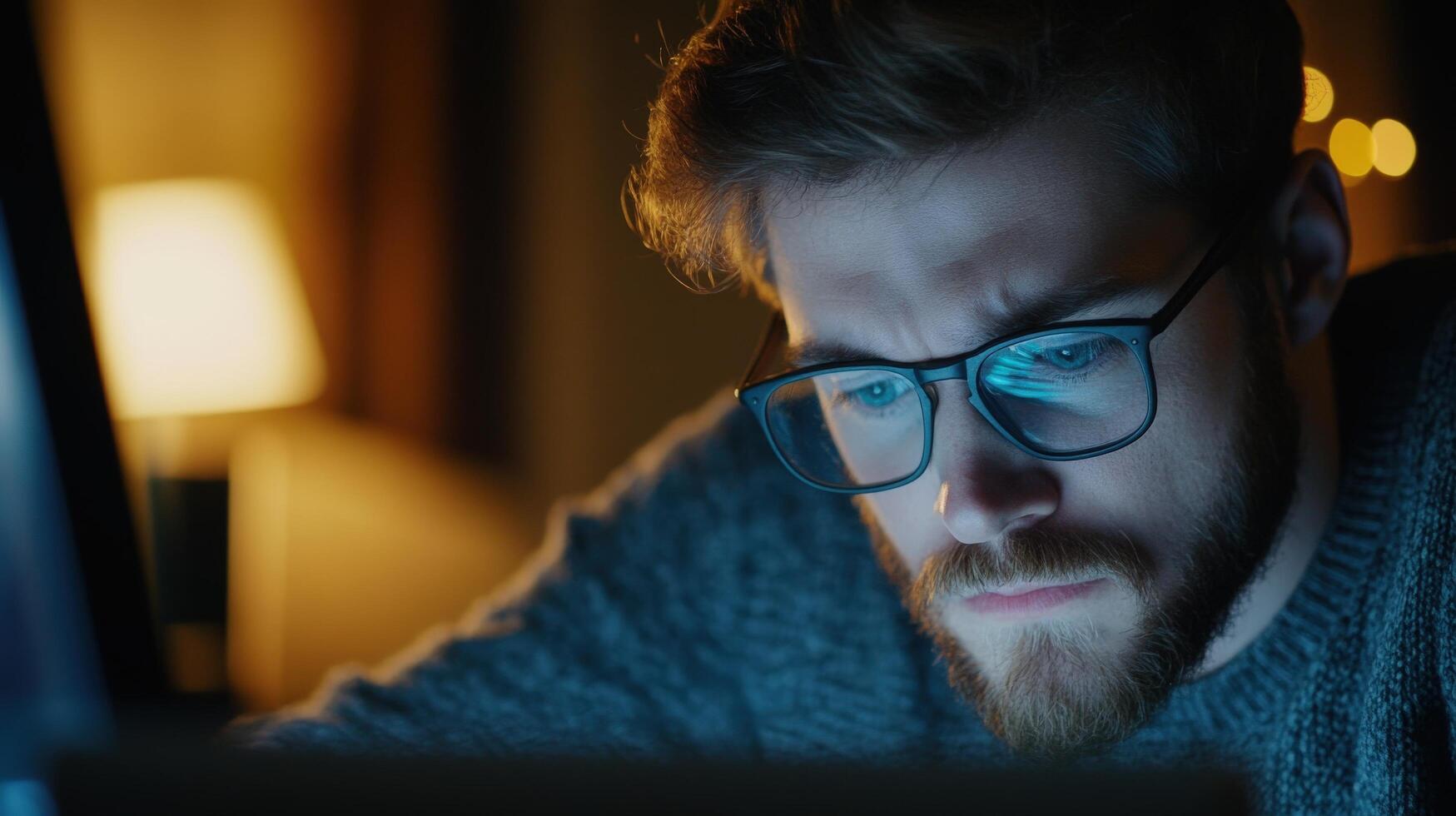 A man wearing glasses intently looking at a screen photo