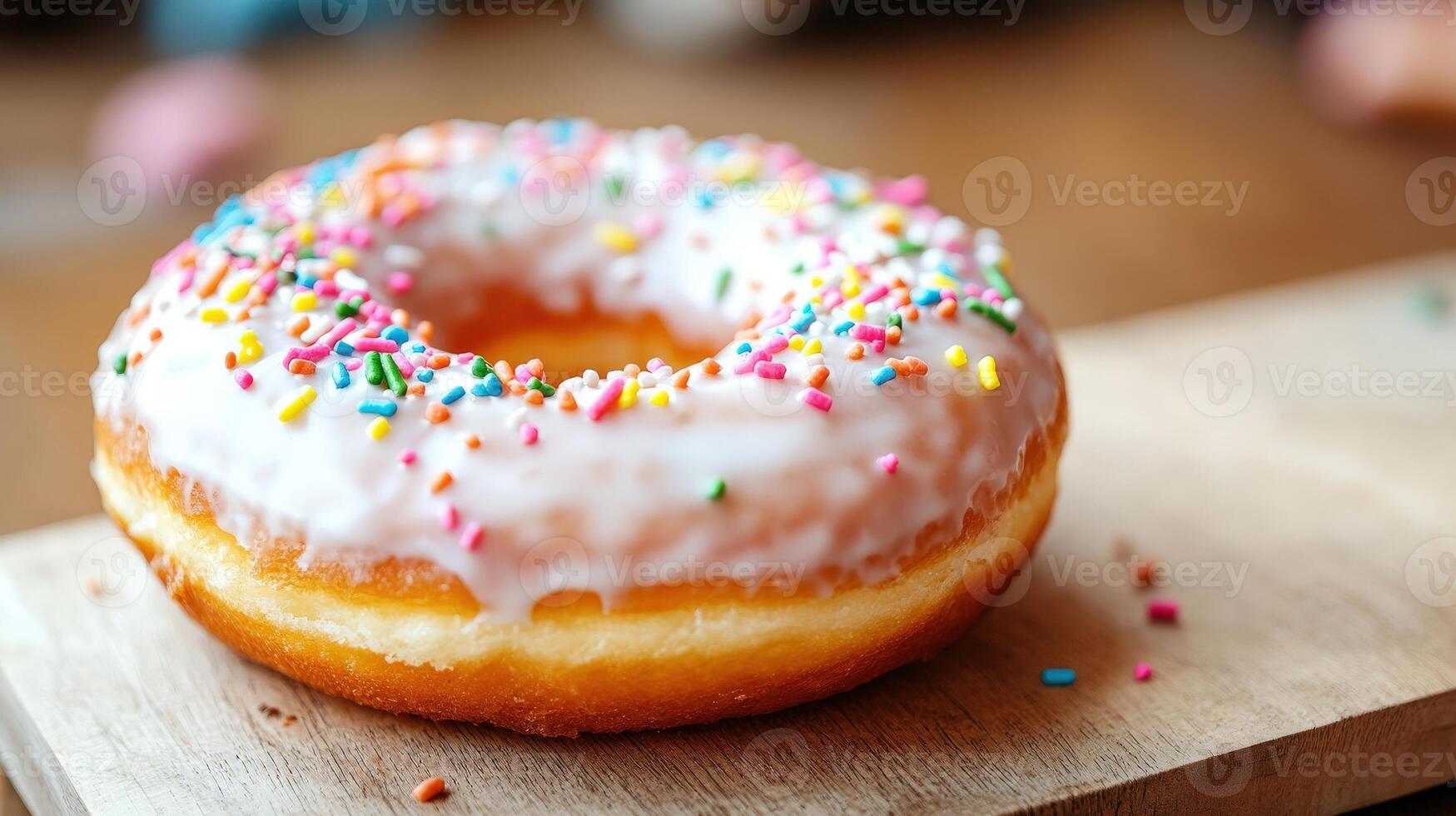 A colorful glazed doughnut with sprinkles sitting on a wooden board photo