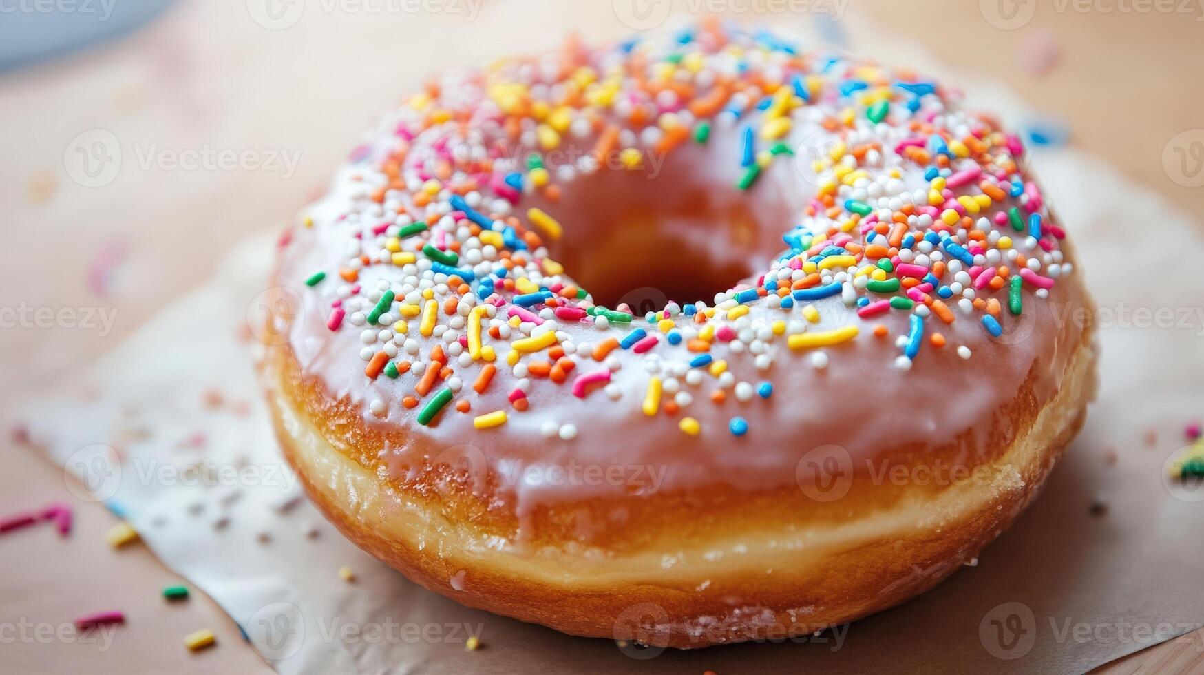 A delicious glazed doughnut covered with colorful tiny sprinkles on parchment paper photo