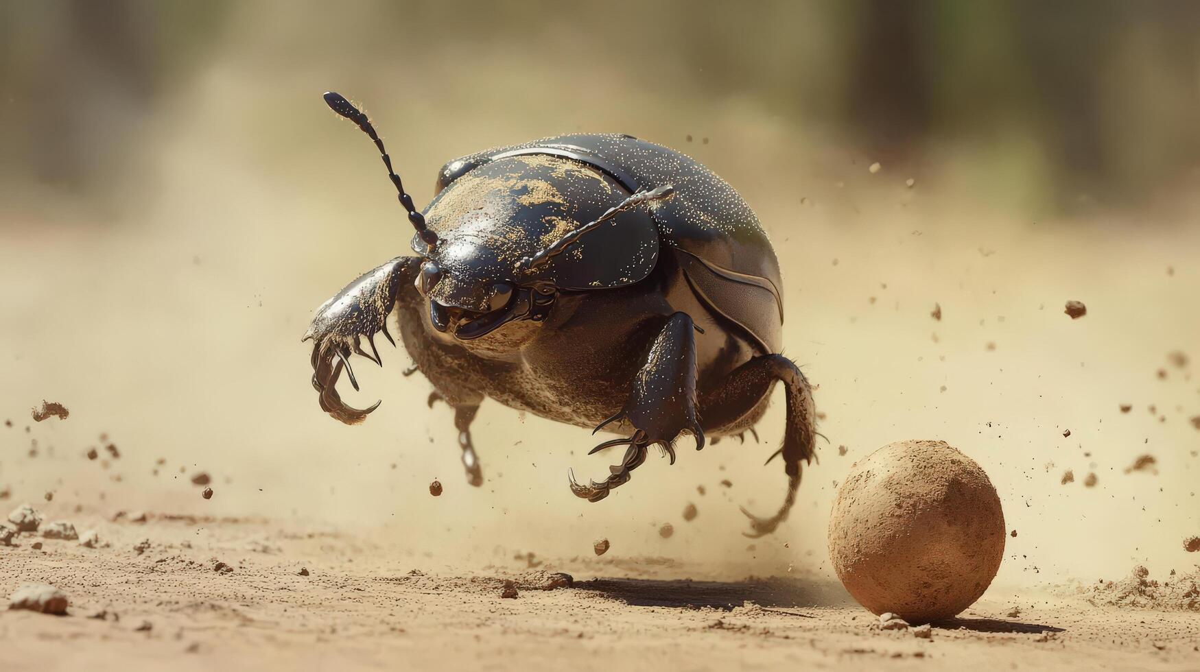 A large beetle pushes a ball of soil on the dry ground photo