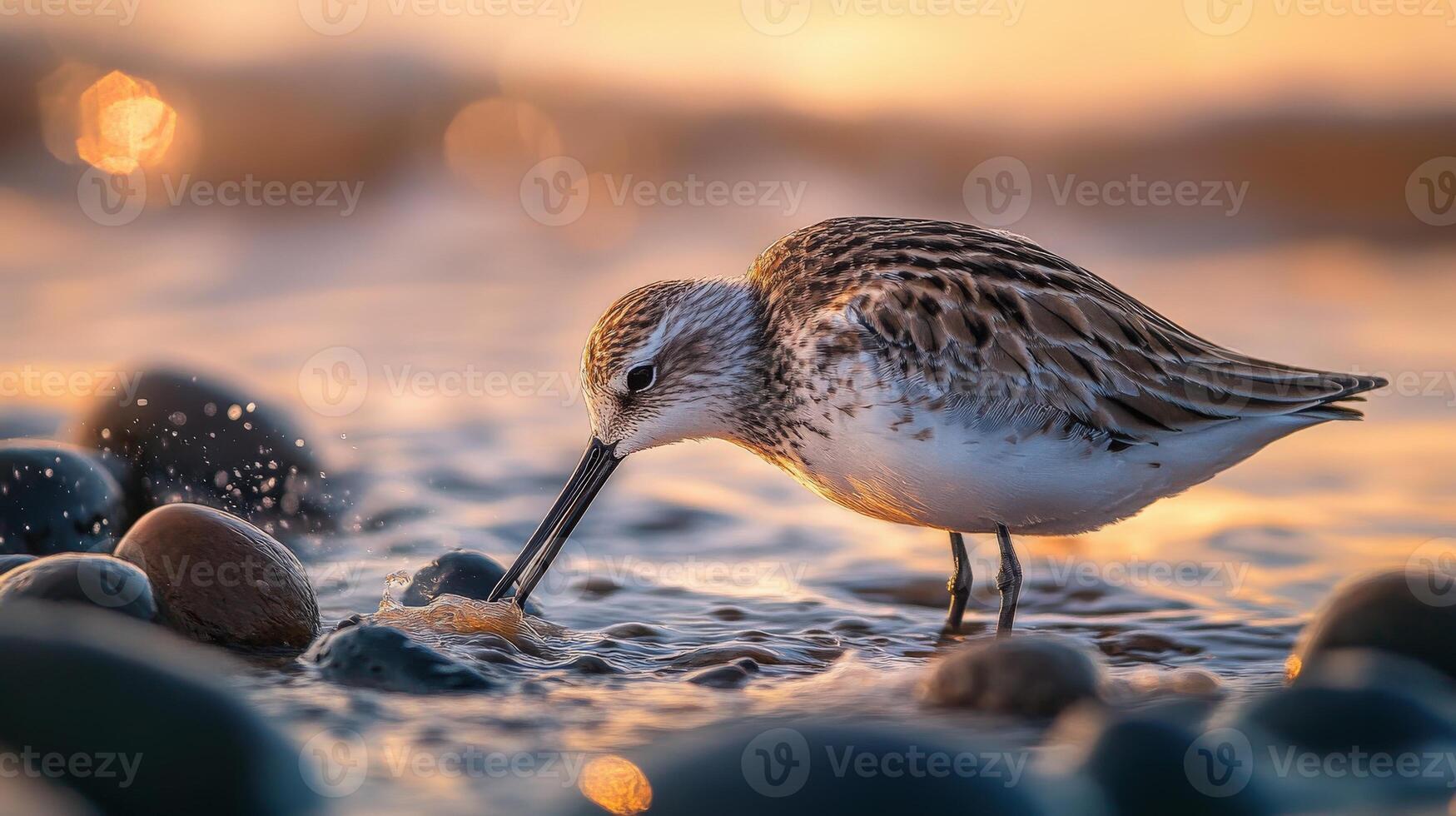 A small shorebird pecking for food in the shallow ocean water photo
