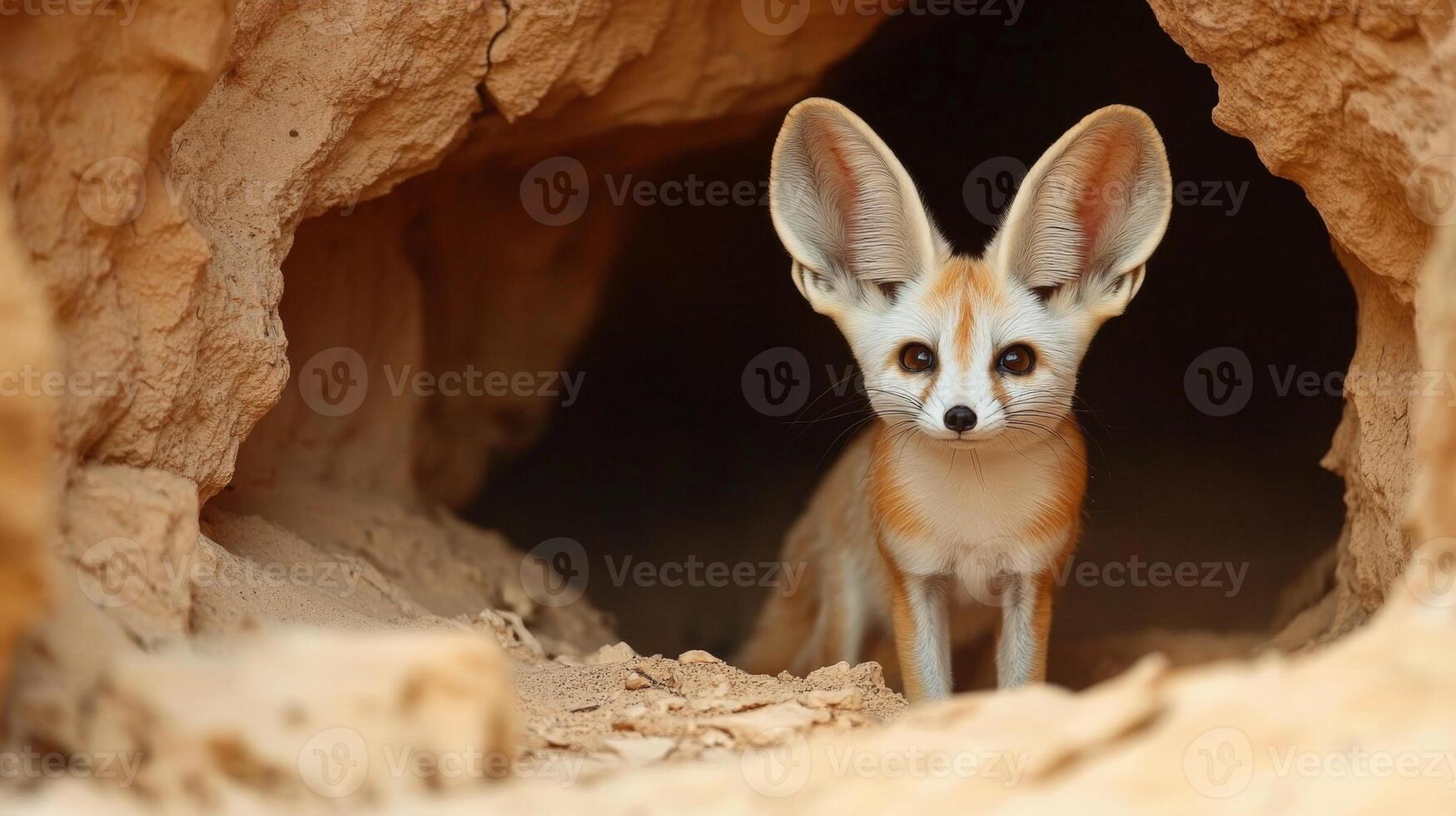 A small fox with large ears peeks out from its burrow photo