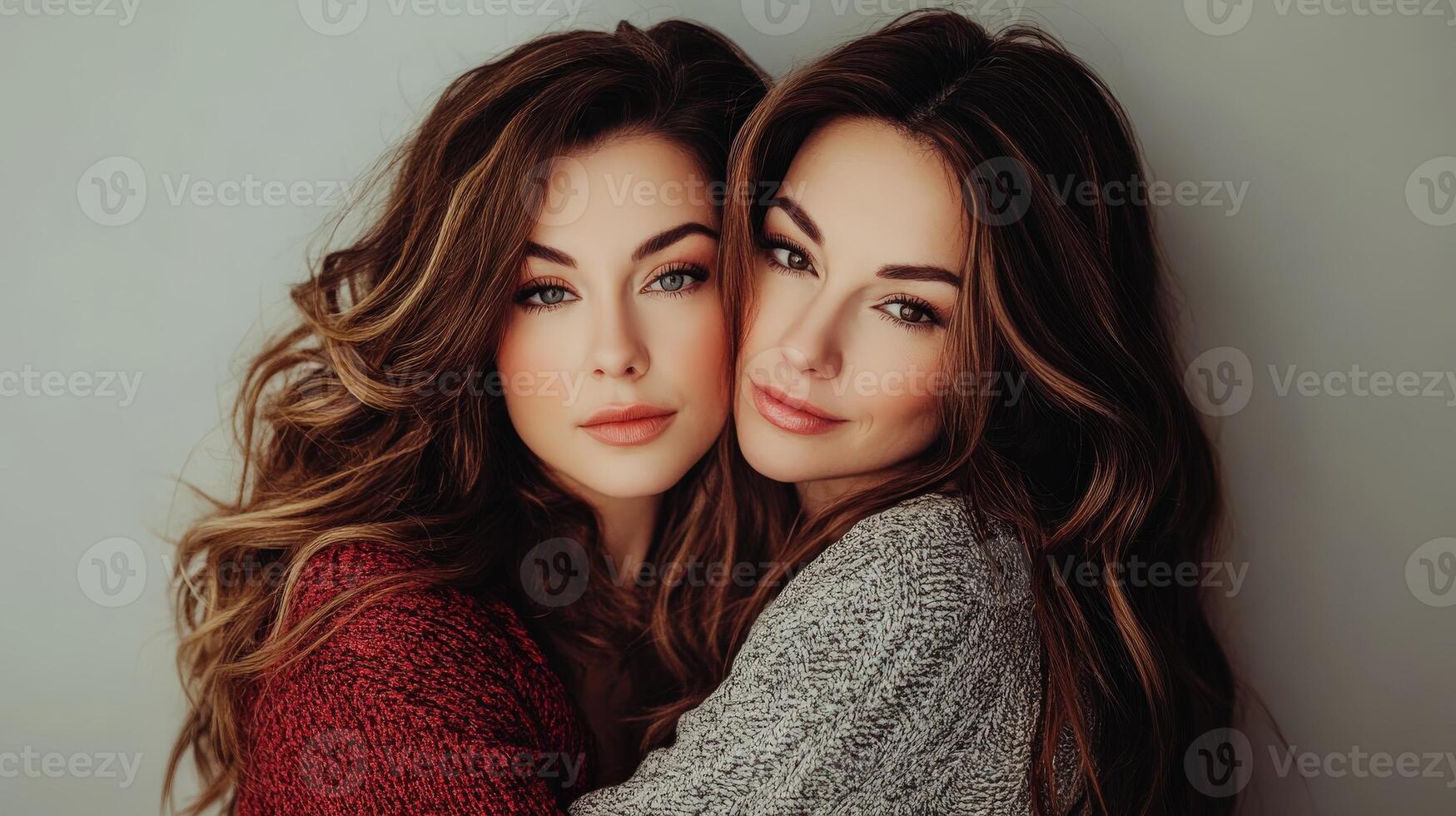 Two beautiful women hugging and posing for a portrait photograph photo