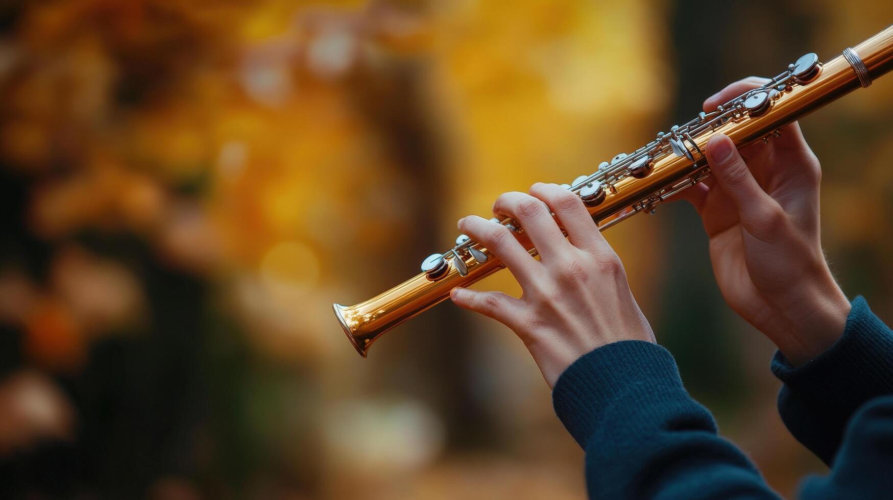 Close up view of hands playing a shiny flute photo