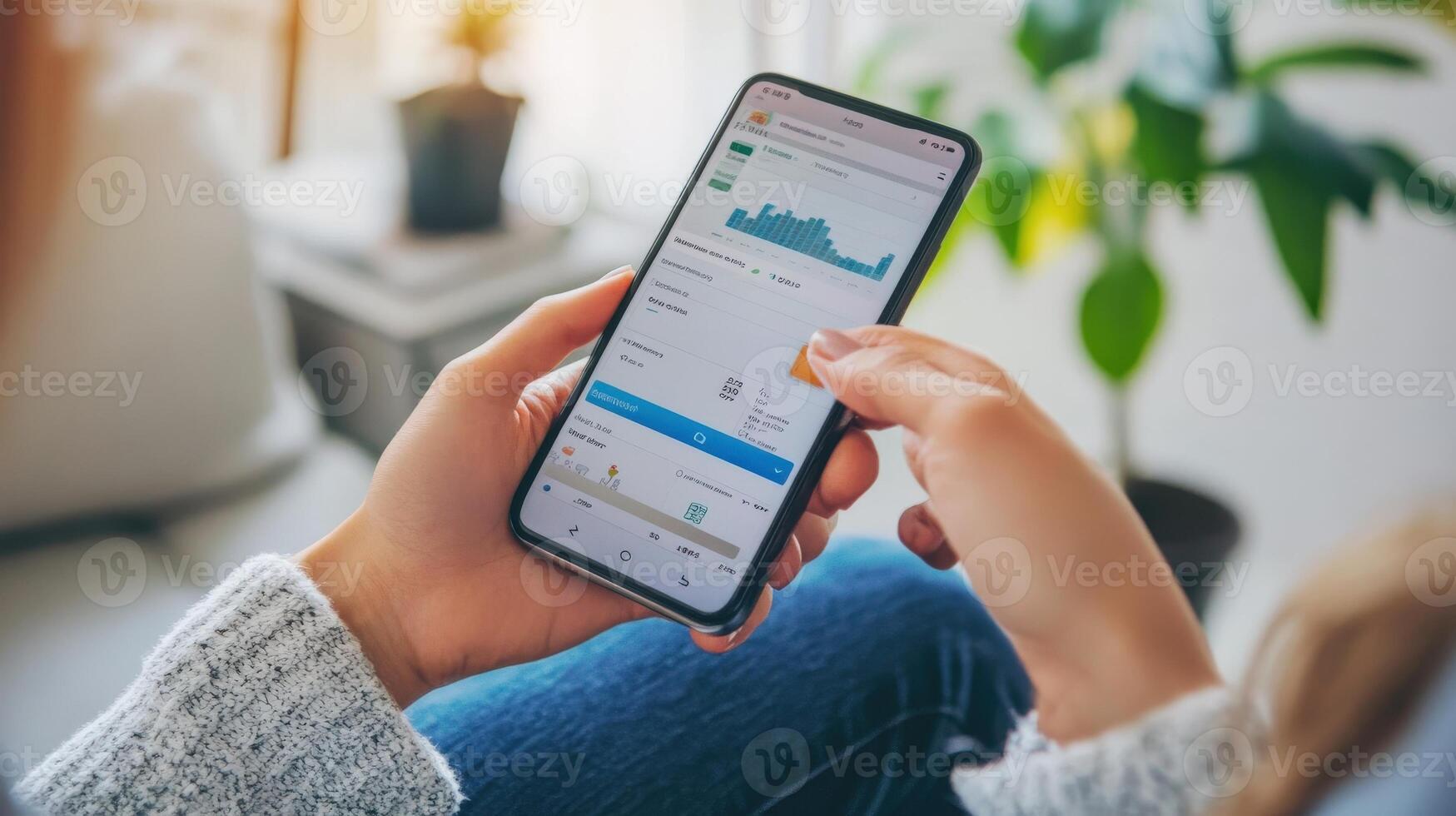 Woman Holds Phone Displaying Data on a Mobile Application photo