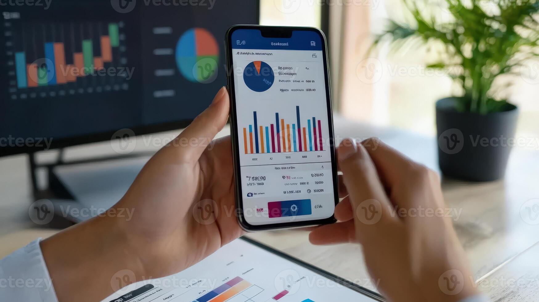 A person holds a phone displaying financial data and graphs photo