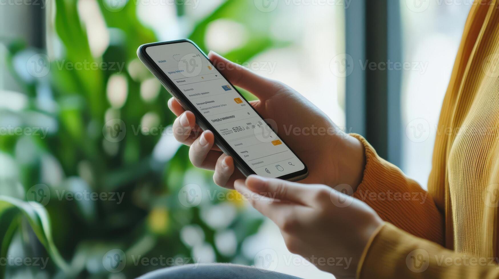 The person is holding a smartphone displaying an application photo