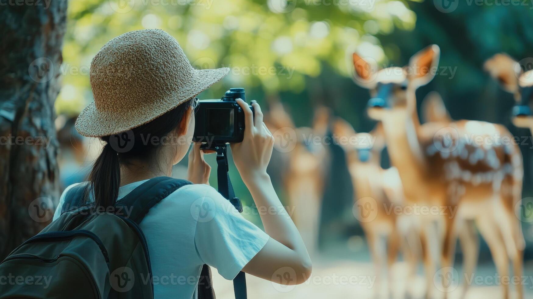 Woman Taking Pictures Of Deer With Her Professional Camera Outdoors photo