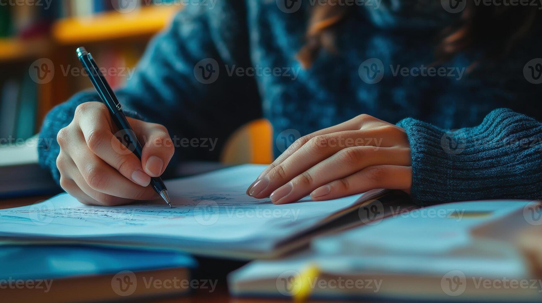 A person writing with a pen on paper over a table photo