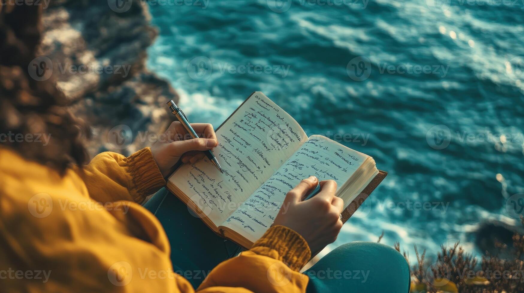 A person is writing in a notebook near the ocean waters photo