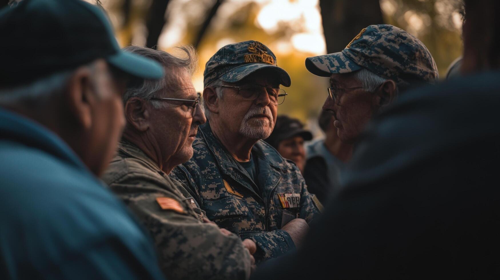 Several older men are conversing outside in natural sunlight photo