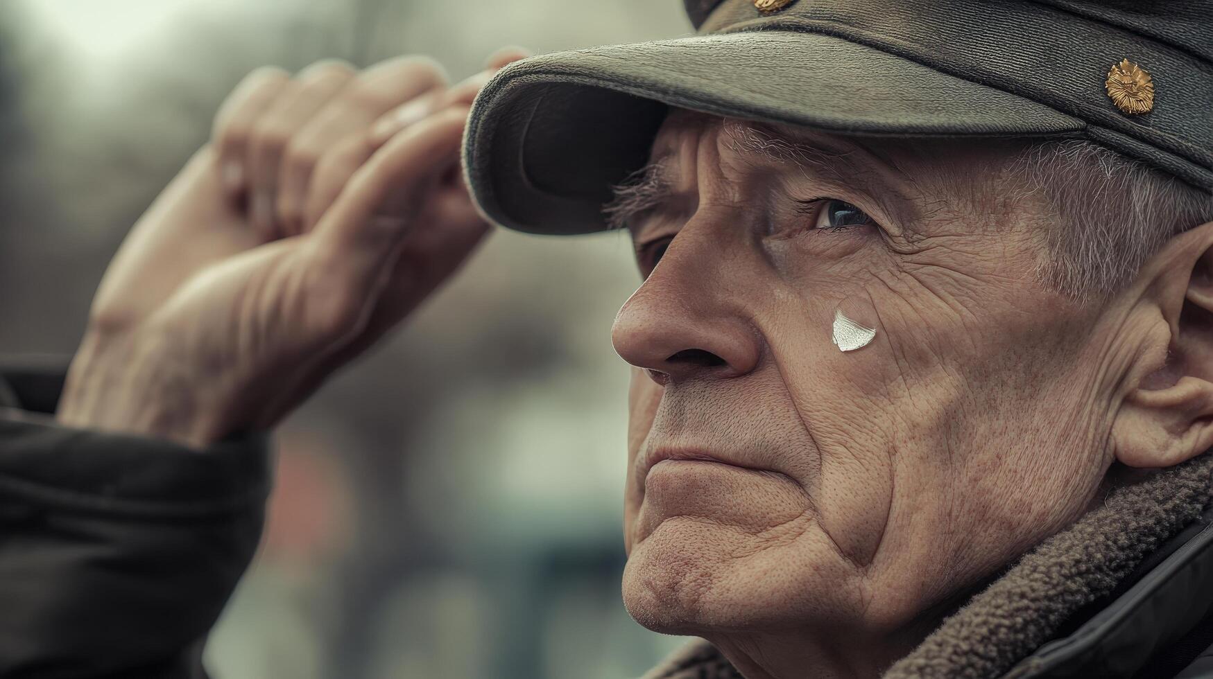 Elderly man saluting while wearing a military uniform cap photo
