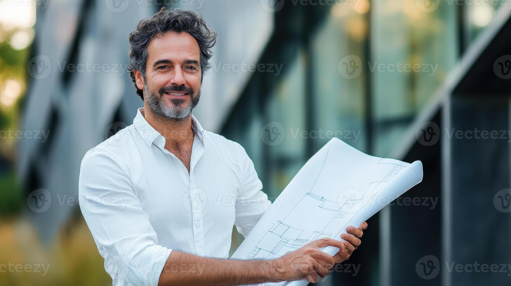 A Smiling Man Holding Blueprints in Front of a Building photo