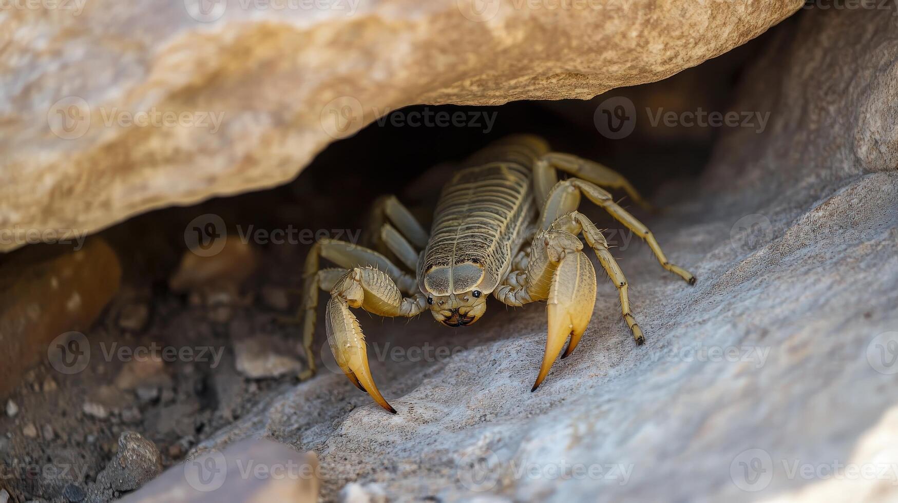 A scorpion crawls out from under a rocky stone formation photo