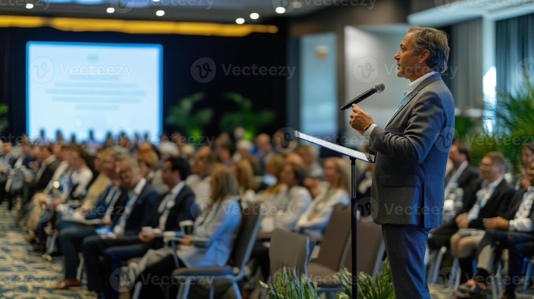 Man Speaking Into Microphone During Corporate Conference Presentation photo