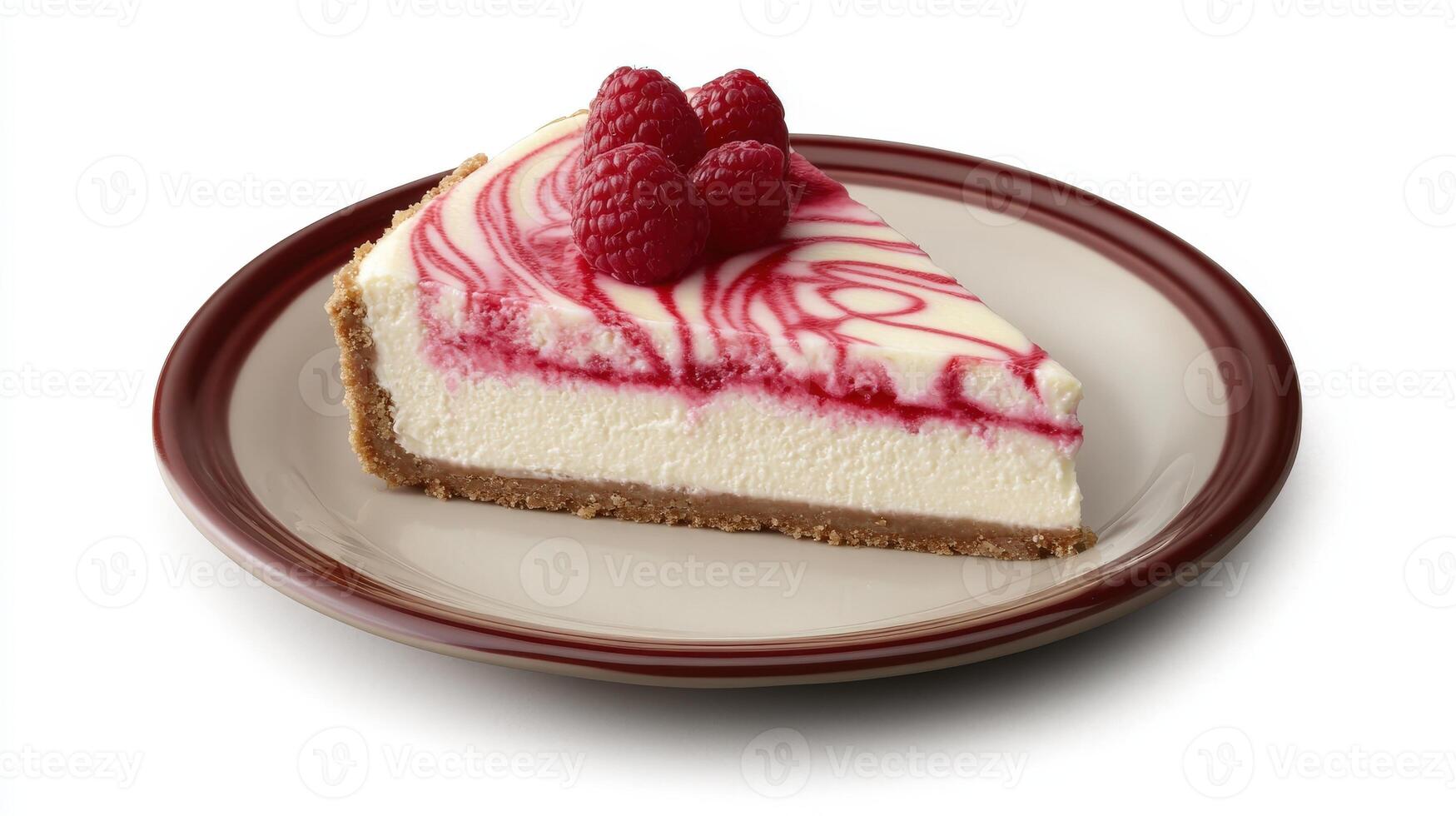 A delicious slice of cheesecake topped with ripe raspberries is shown photo