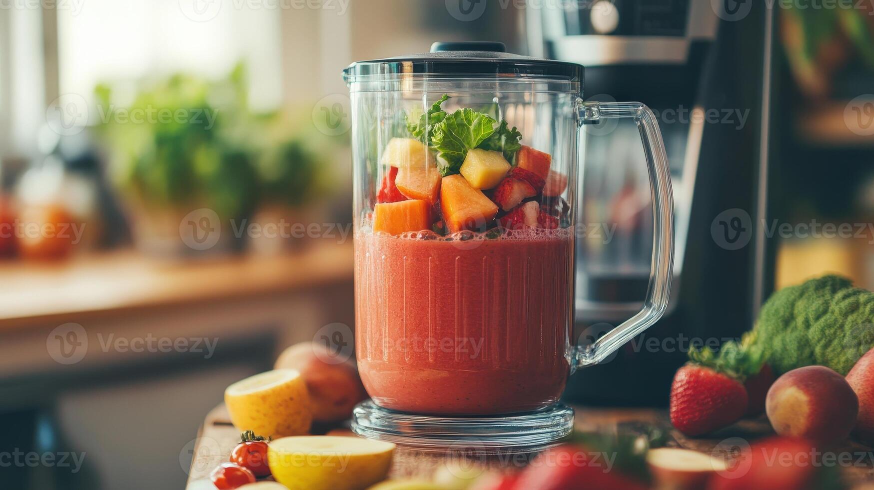 A blender filled with fresh fruit preparing a healthy smoothie photo