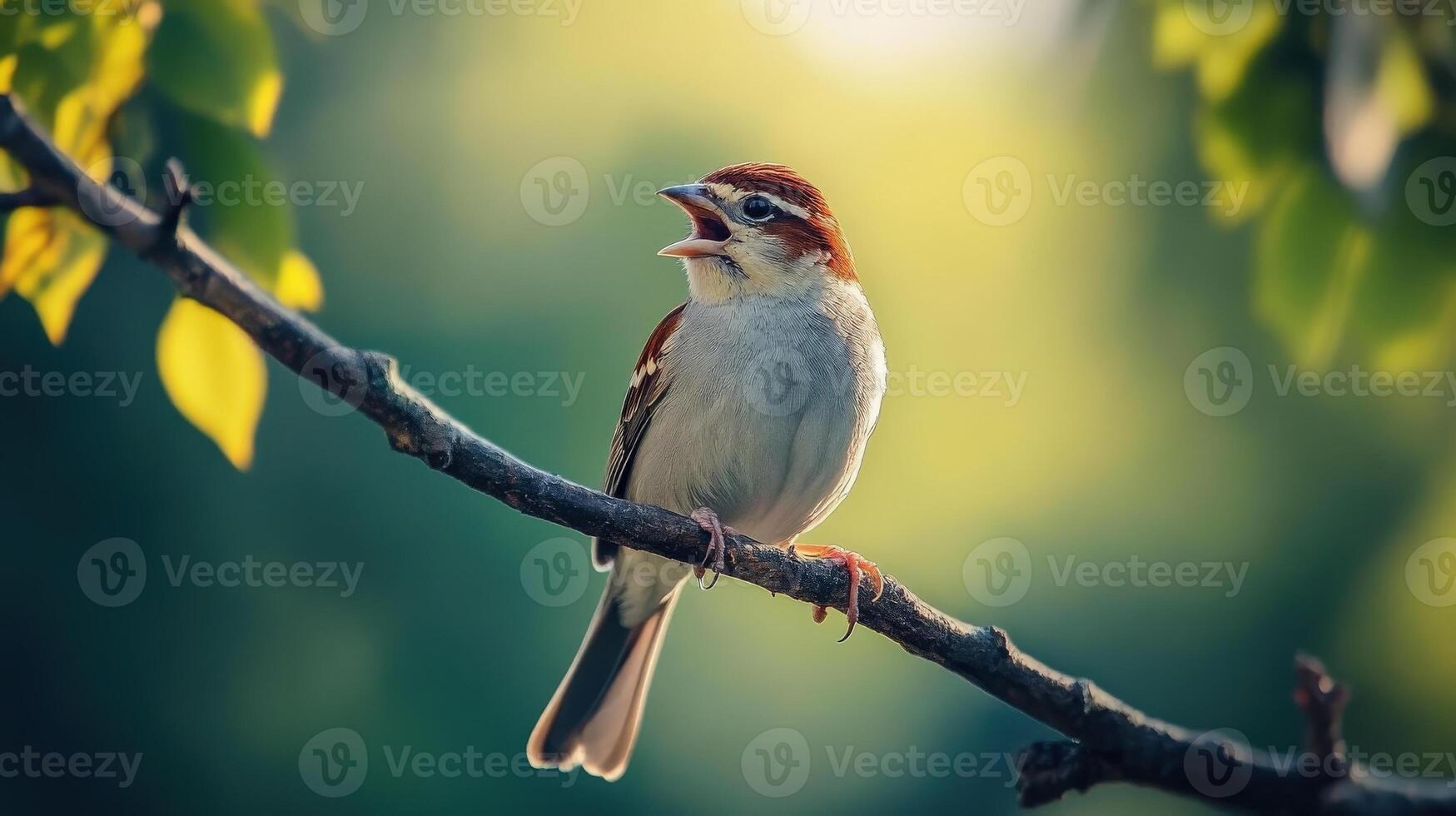 A small bird is perched on a branch and singing loudly photo