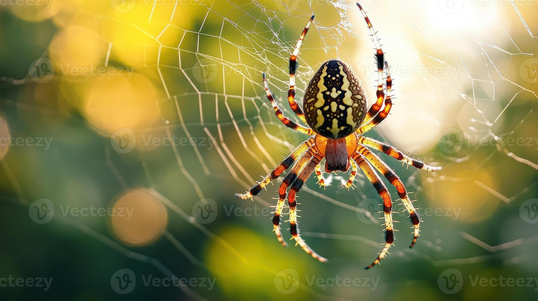 A colorful spider rests in its complex web amidst the light photo