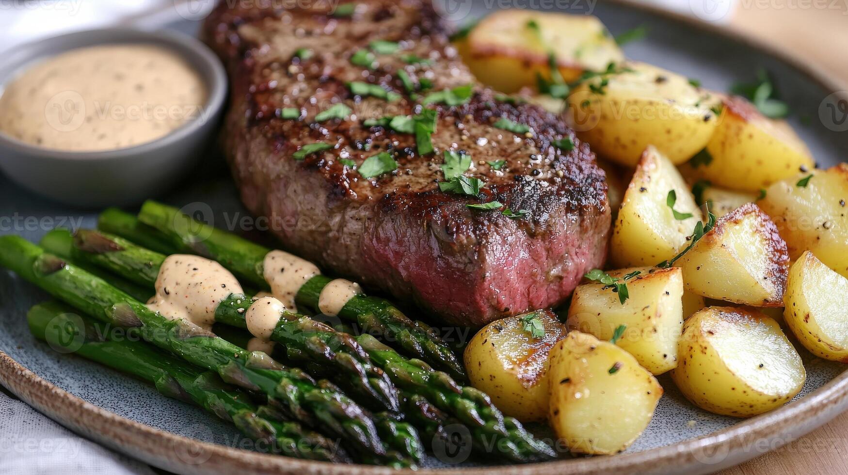 A delicious steak with roasted potatoes and asparagus on a plate photo