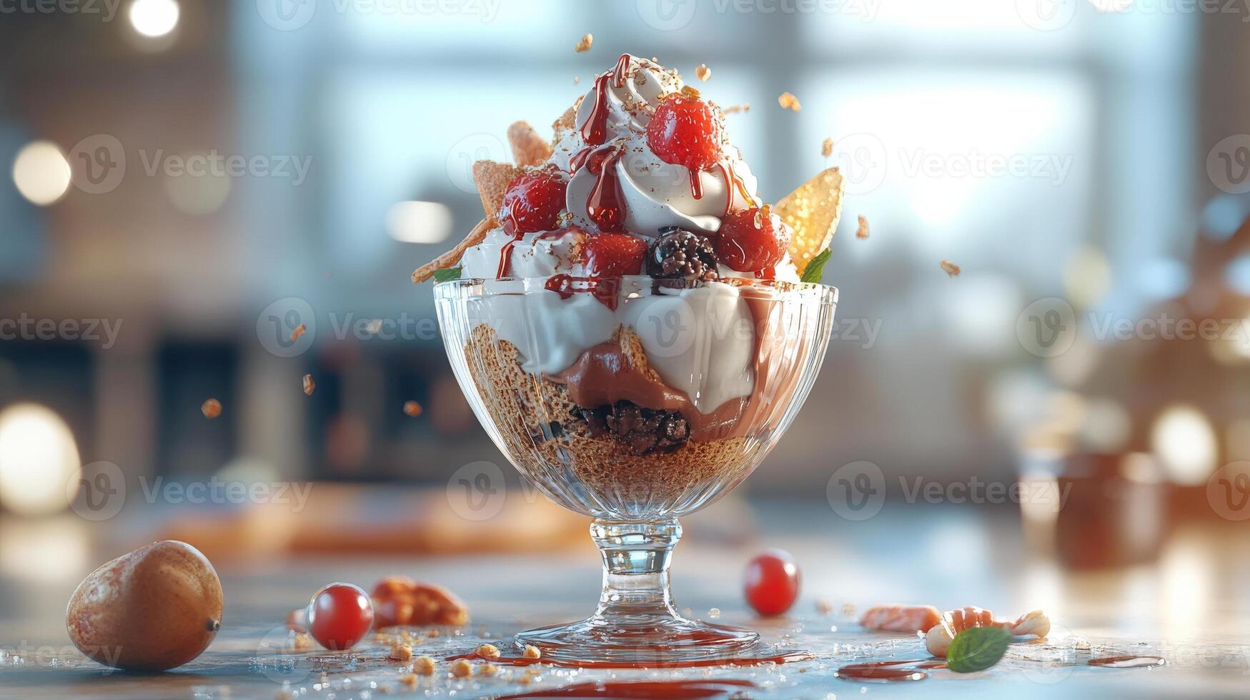 A delectable dessert parfait with berries and whipped cream is shown photo