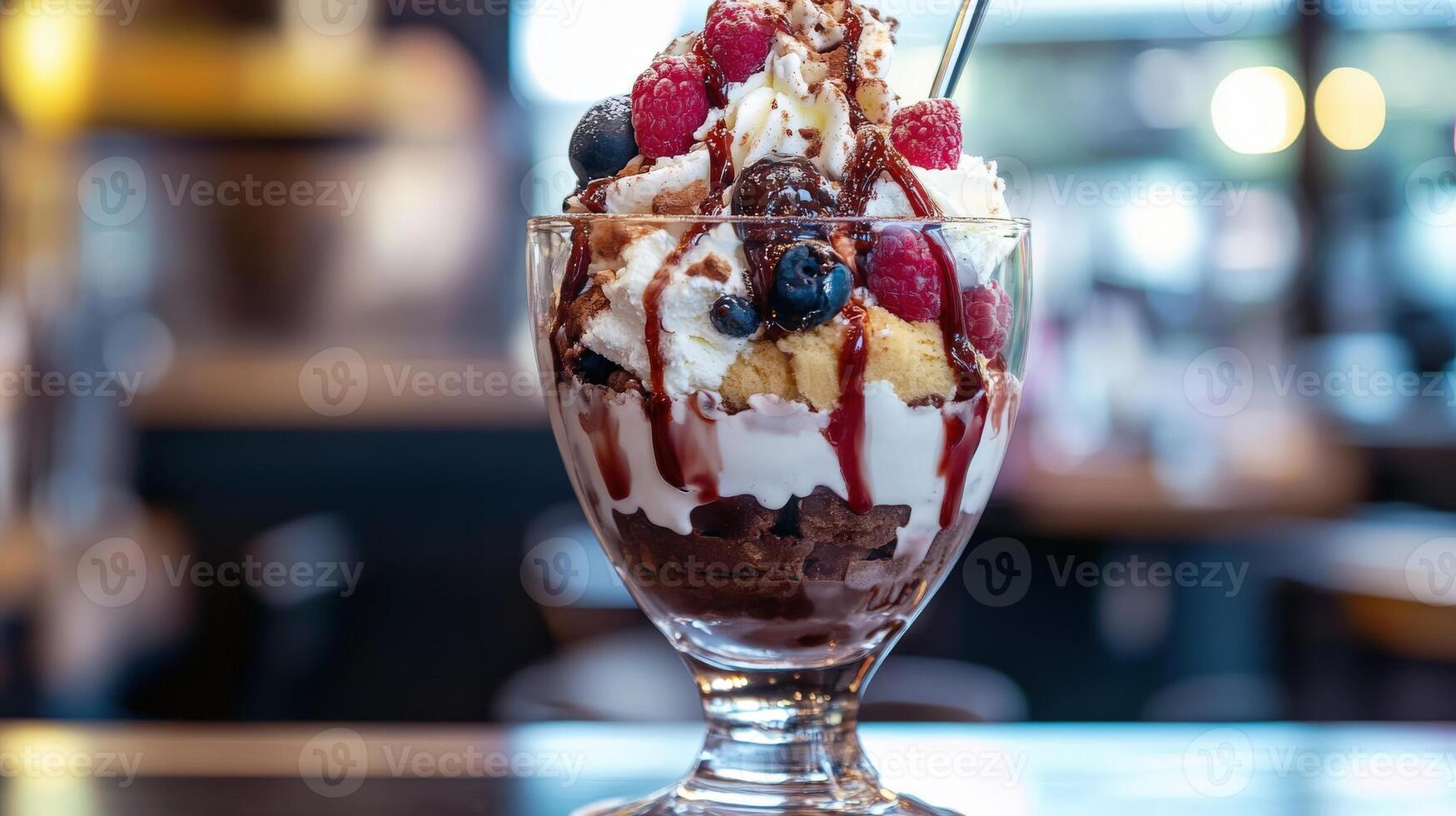 A delicious sundae dessert with whipped cream and various berries on top photo