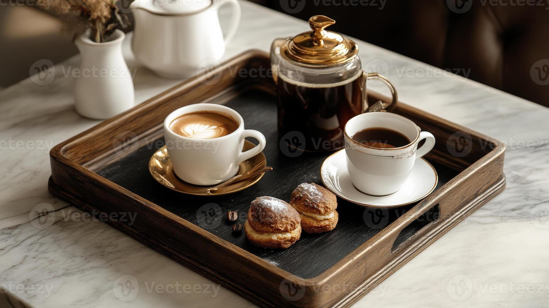 A beautiful coffee arrangement with pastries on a wooden tray photo