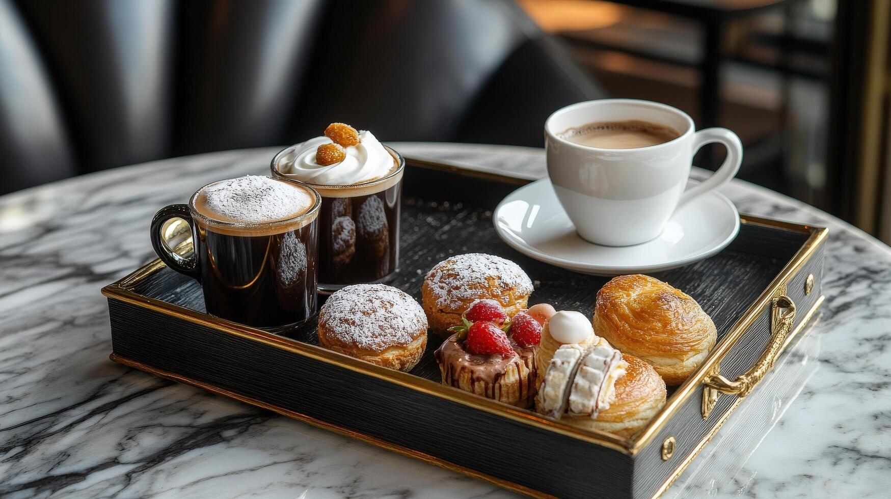 Coffee and pastries arranged elegantly on a decorative serving tray photo