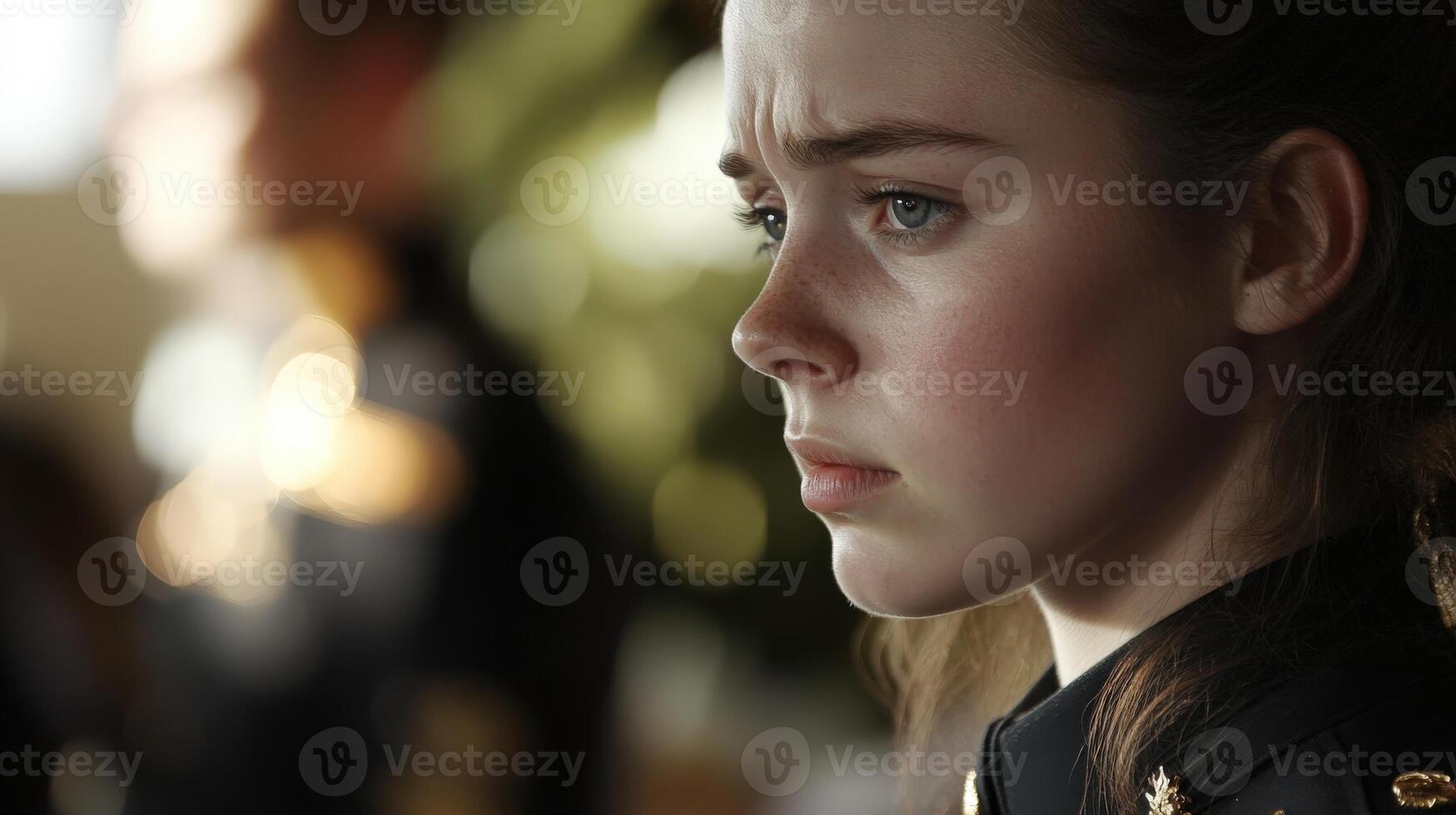 A young woman with an intense expression of concern photo