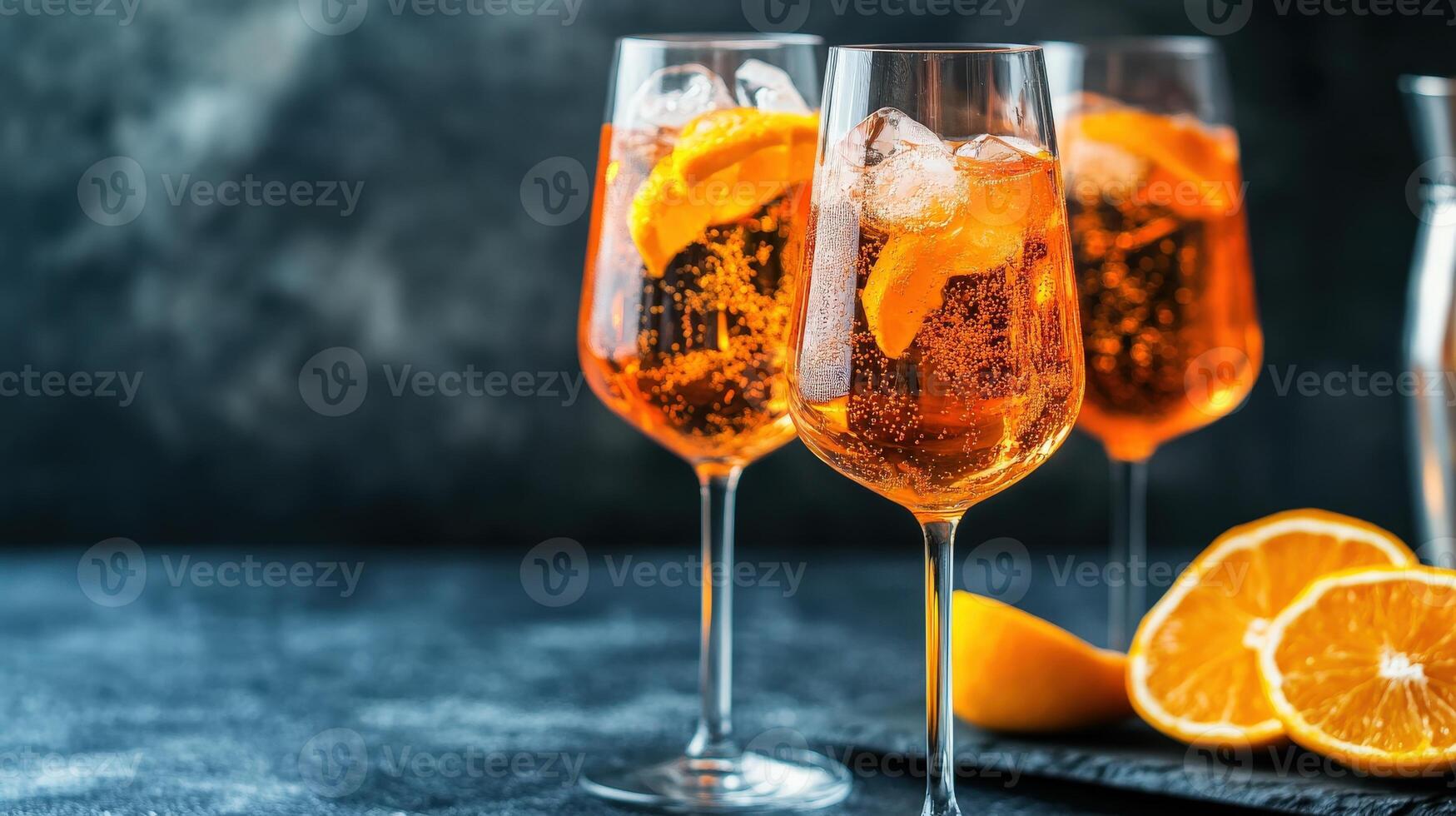 Three champagne flutes filled with sparkling orange cocktails and citrus fruits photo