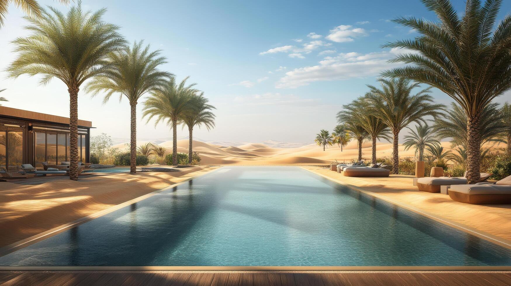 Desert oasis pool landscape, a serene architectural scene. photo