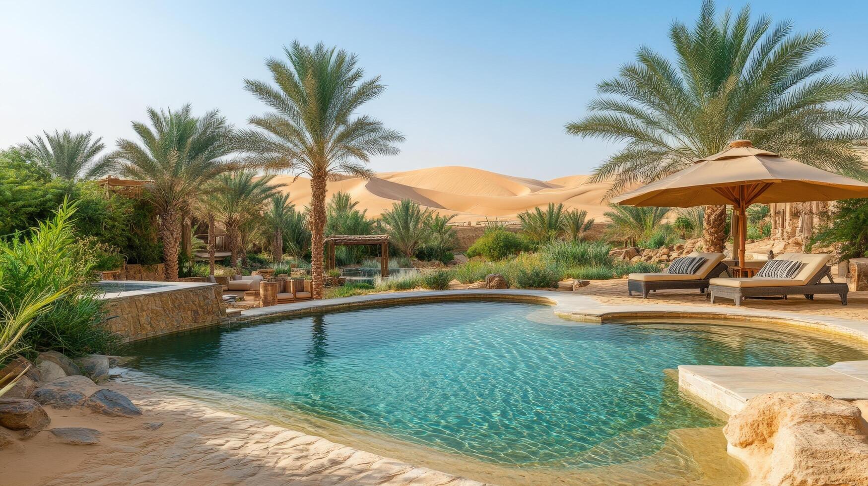 Picturesque desert resort oasis with a pool. photo