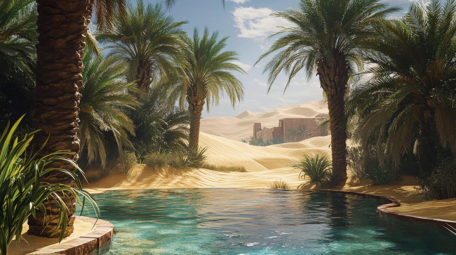 Desert oasis pool scene with palm trees and sand dunes. photo