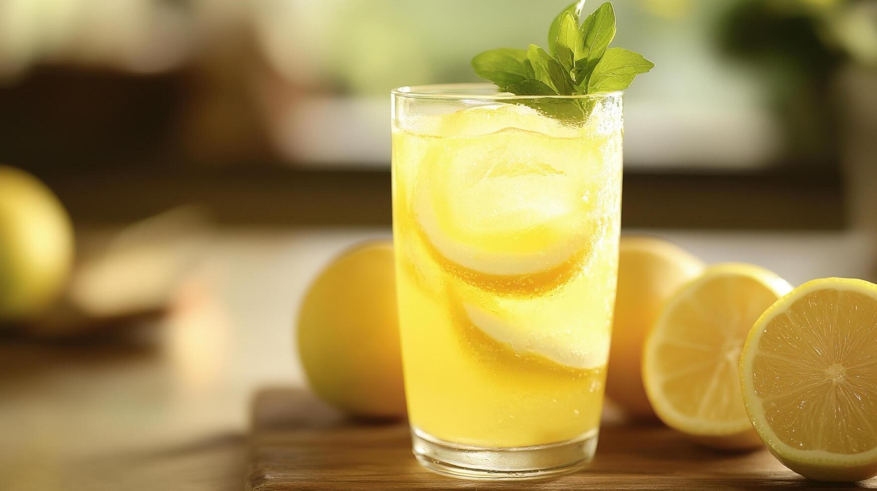 Refreshing lemonade beverage displayed with citrus fruits. photo