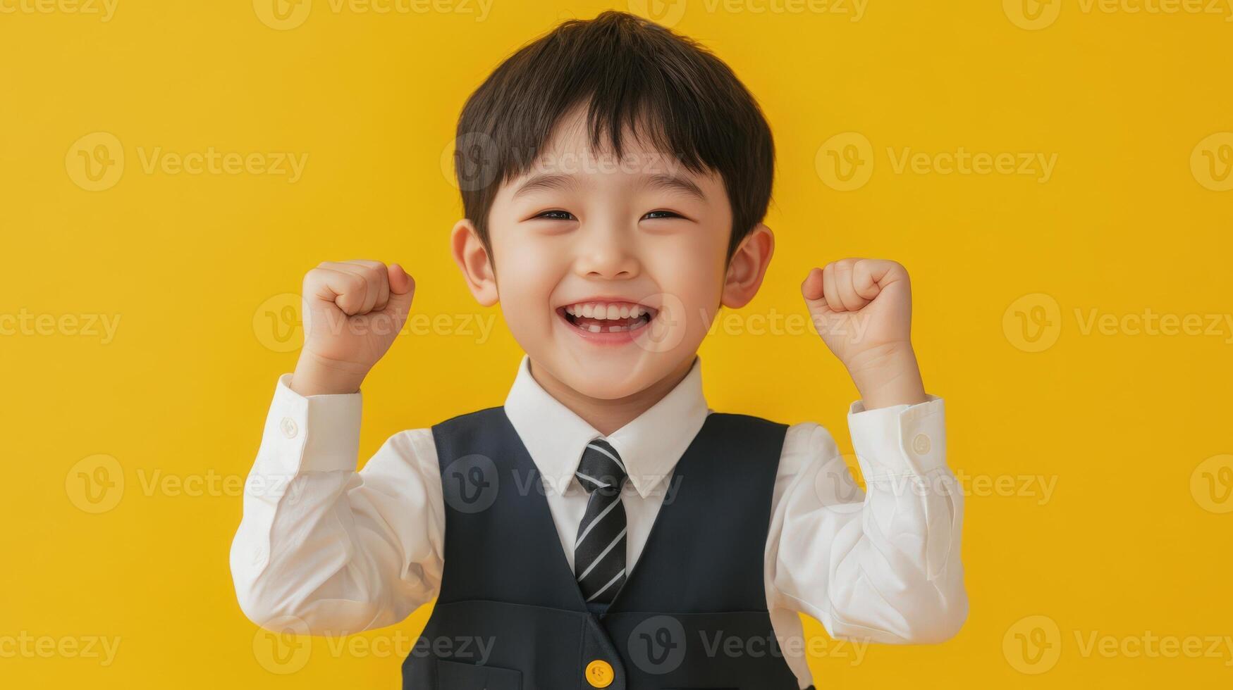 Young boy in formal attire displays joyful expression. photo