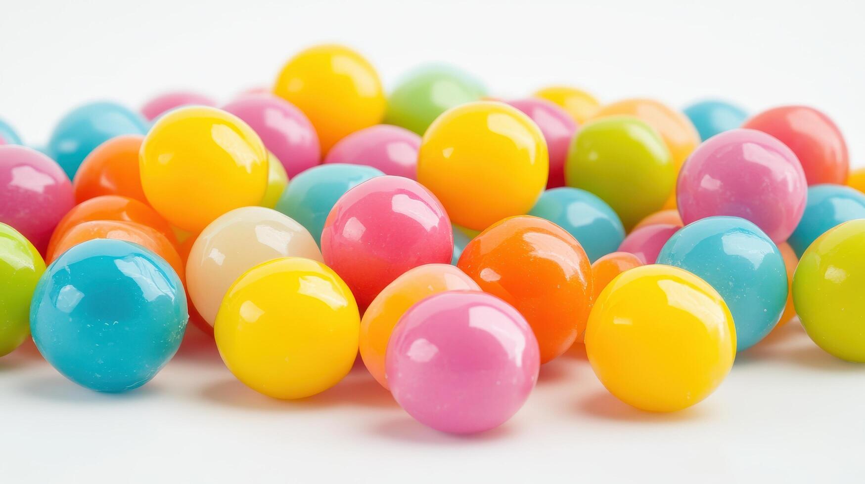 Colorful, round candies piled high on a white surface. photo