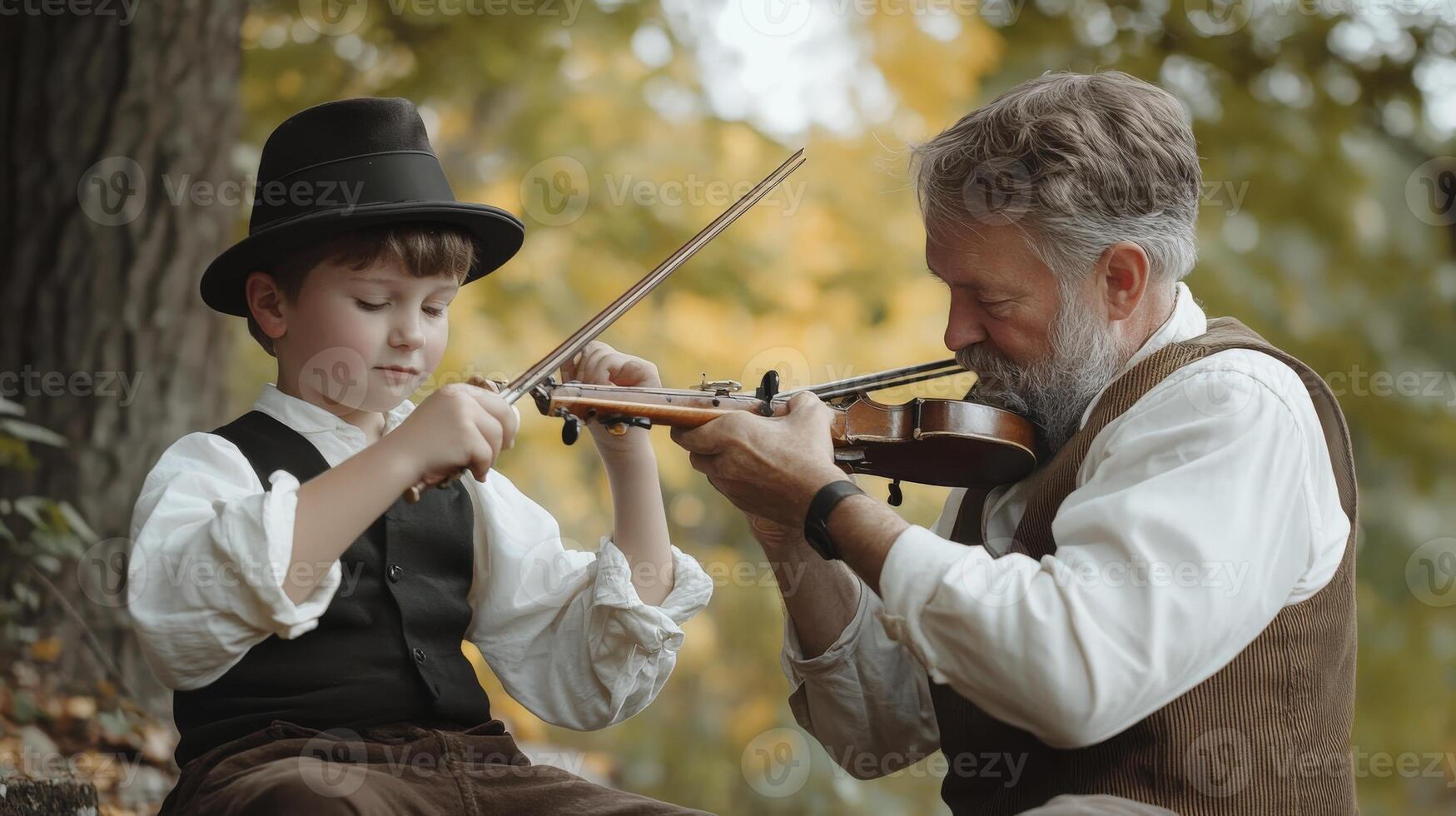 Grandfather and grandson practice violin together outdoors. photo