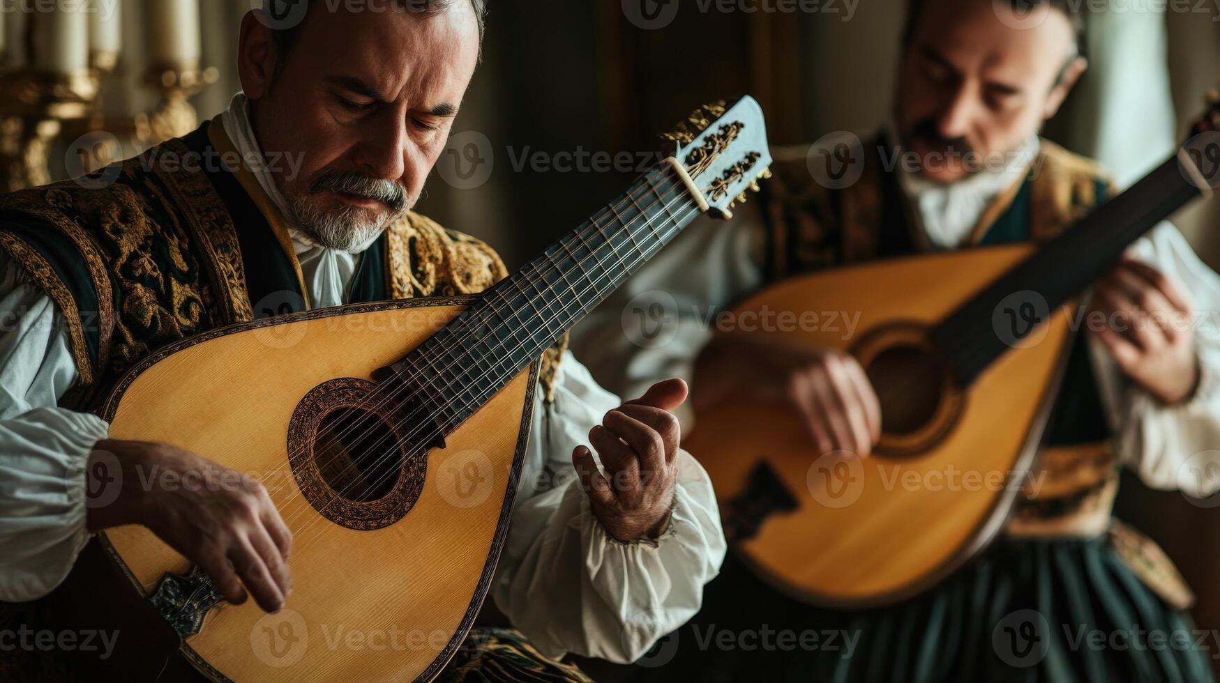 Two musicians in period attire playing baroque guitars. photo