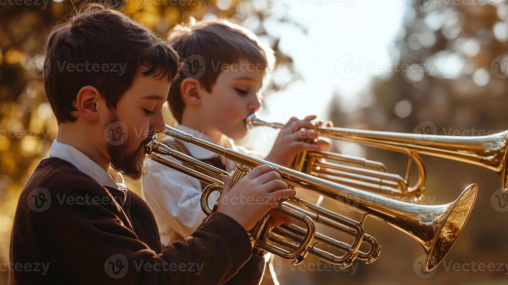 Two young boys playing trumpets outdoors. photo