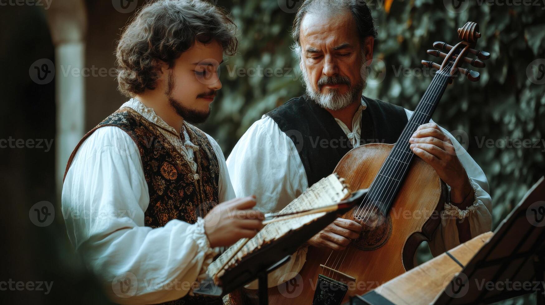 Two musicians playing period instruments outdoors. photo