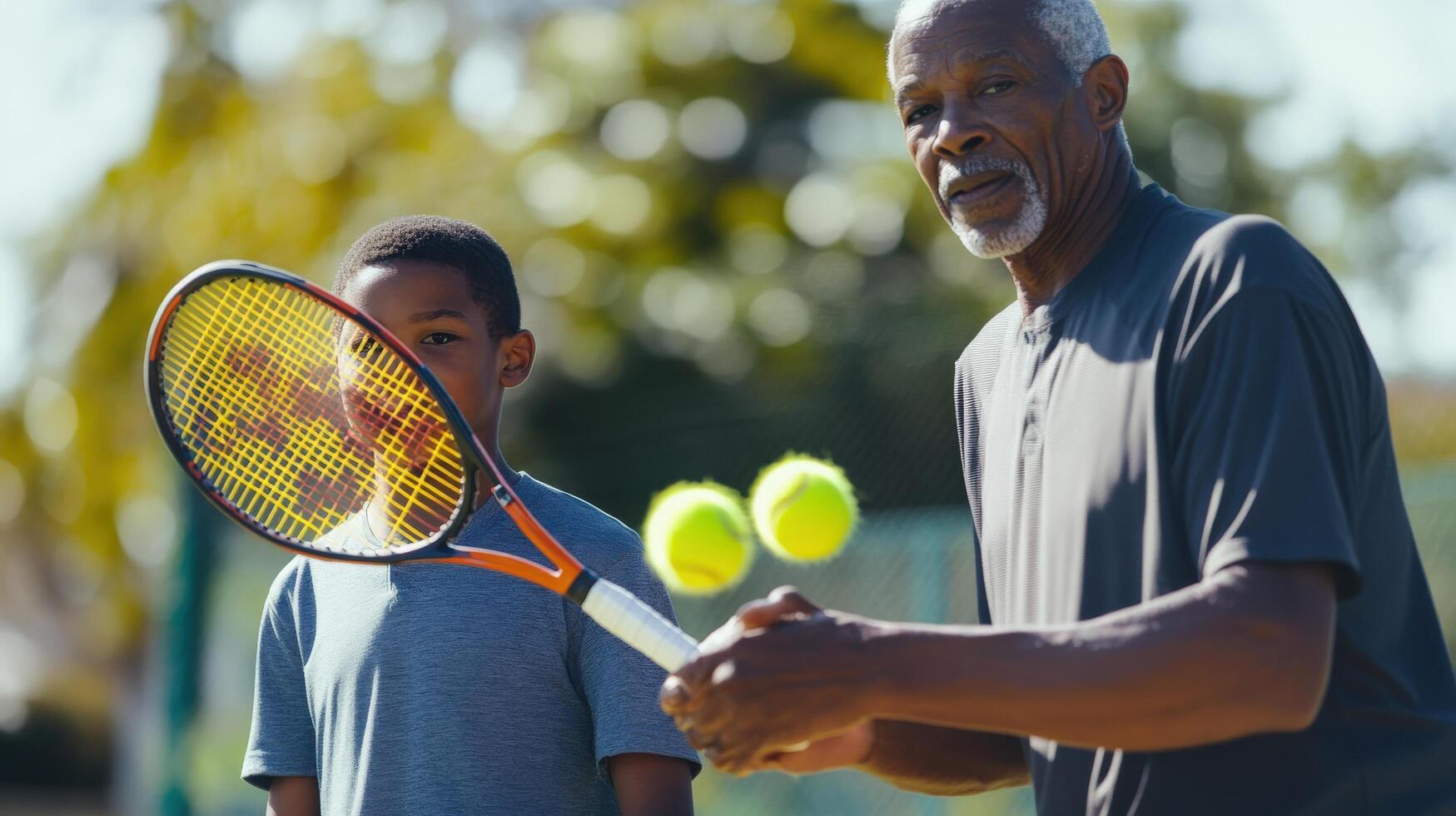 Senior tennis instructor guiding a young student. photo