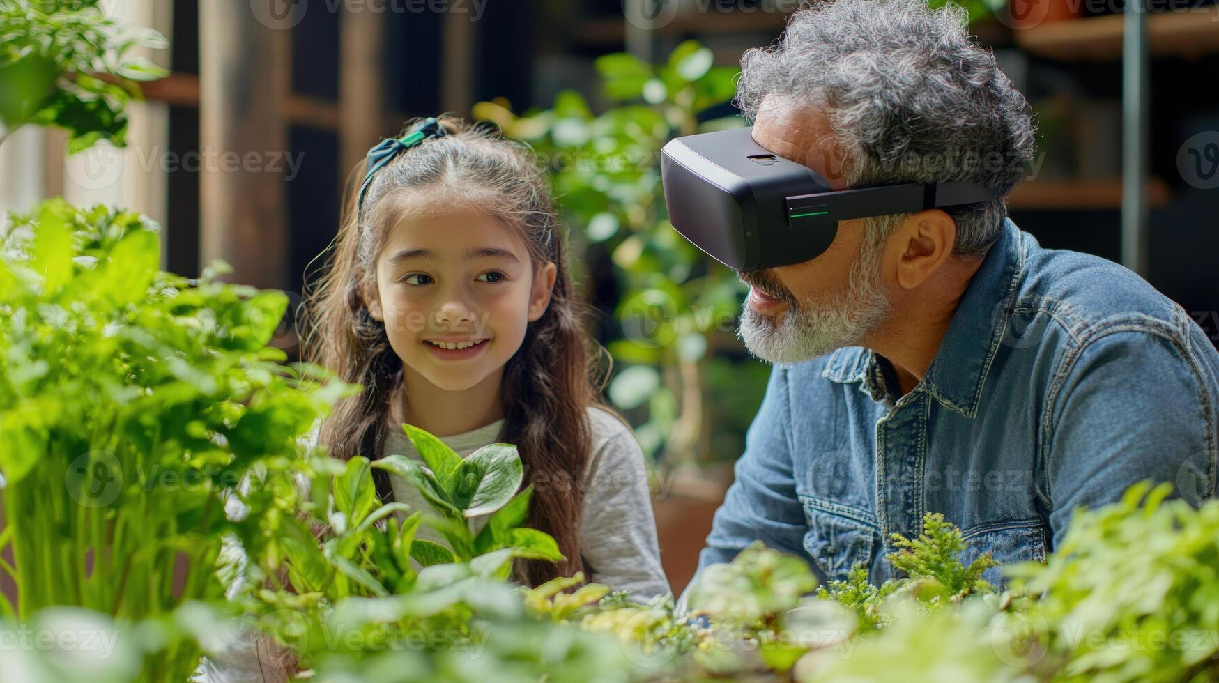 Grandfather and granddaughter explore a virtual garden. photo