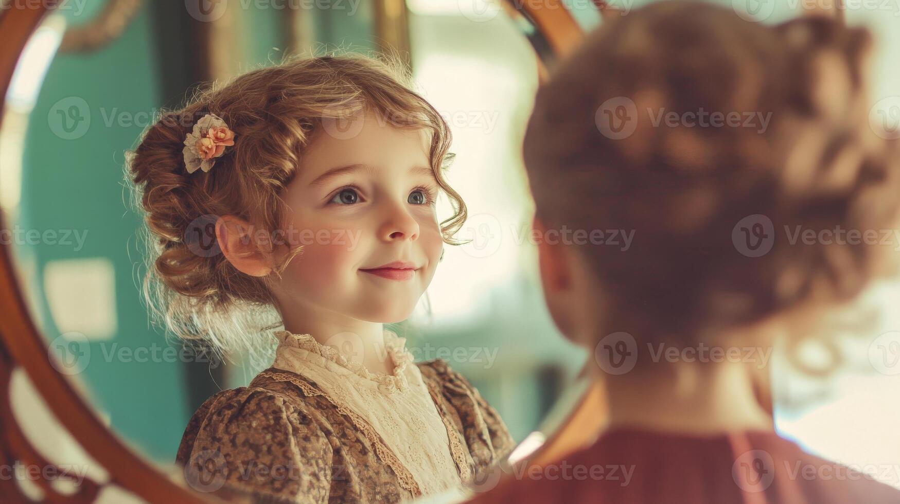 A child gazes at her reflection in an antique mirror. photo