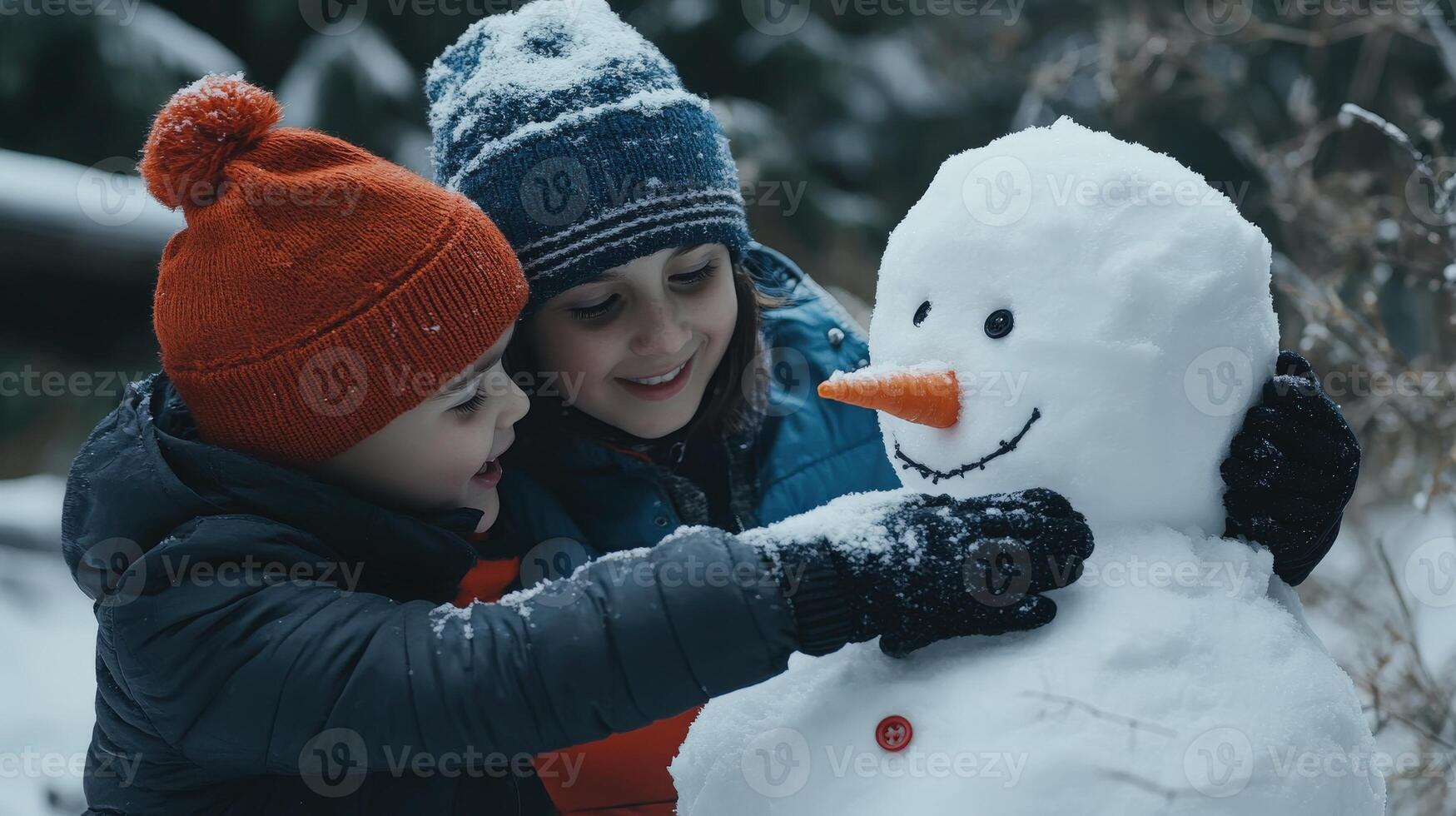 Two children building a happy snowman in a wintery setting photo