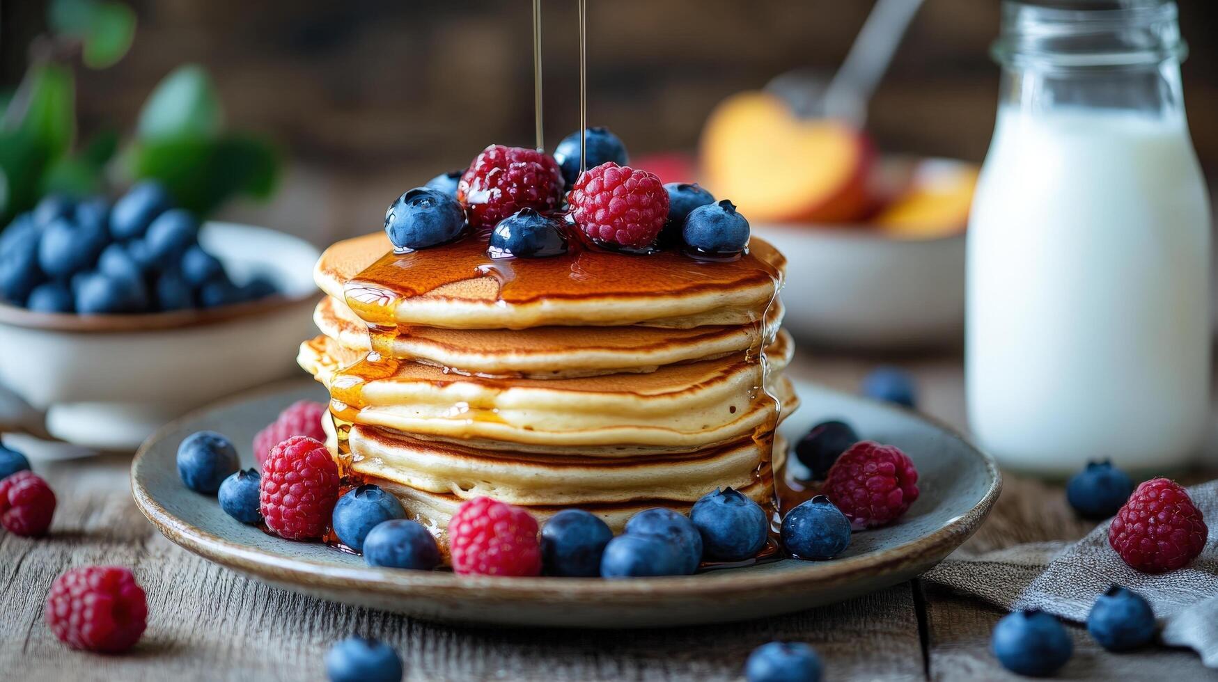 Delicious stack of pancakes with berries and syrup is shown photo